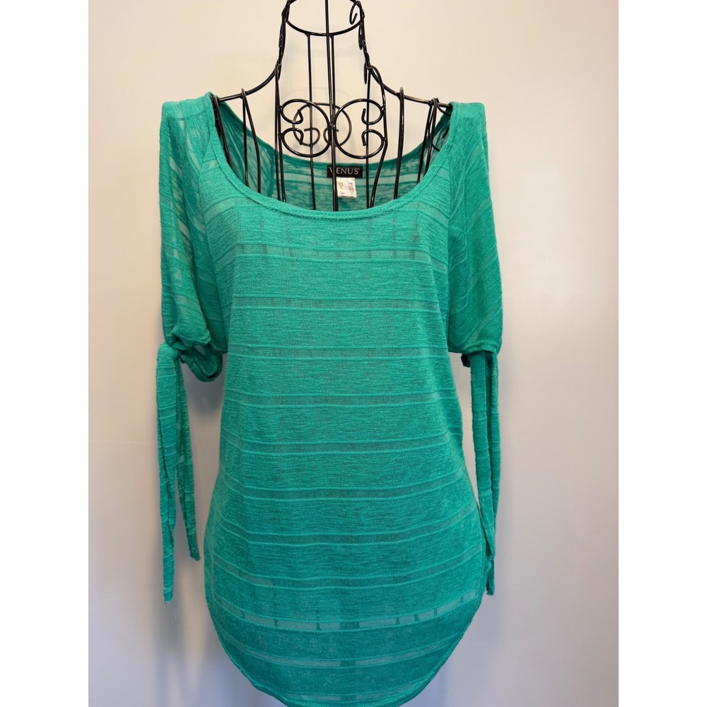 Venus Green Burnout Stripe Cold Shoulder Tie Sleeve Tunic Top Small